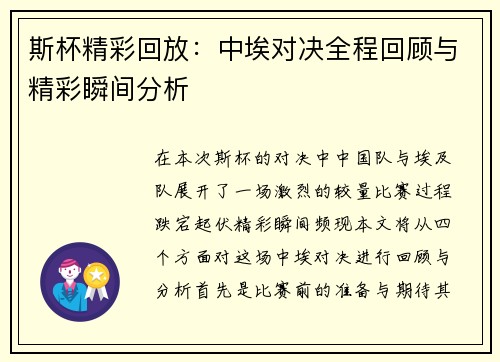 斯杯精彩回放：中埃对决全程回顾与精彩瞬间分析